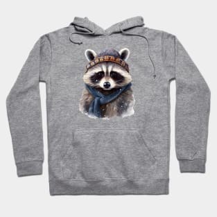 Raccoon in a warm hat and knitted scarf winter Hoodie
